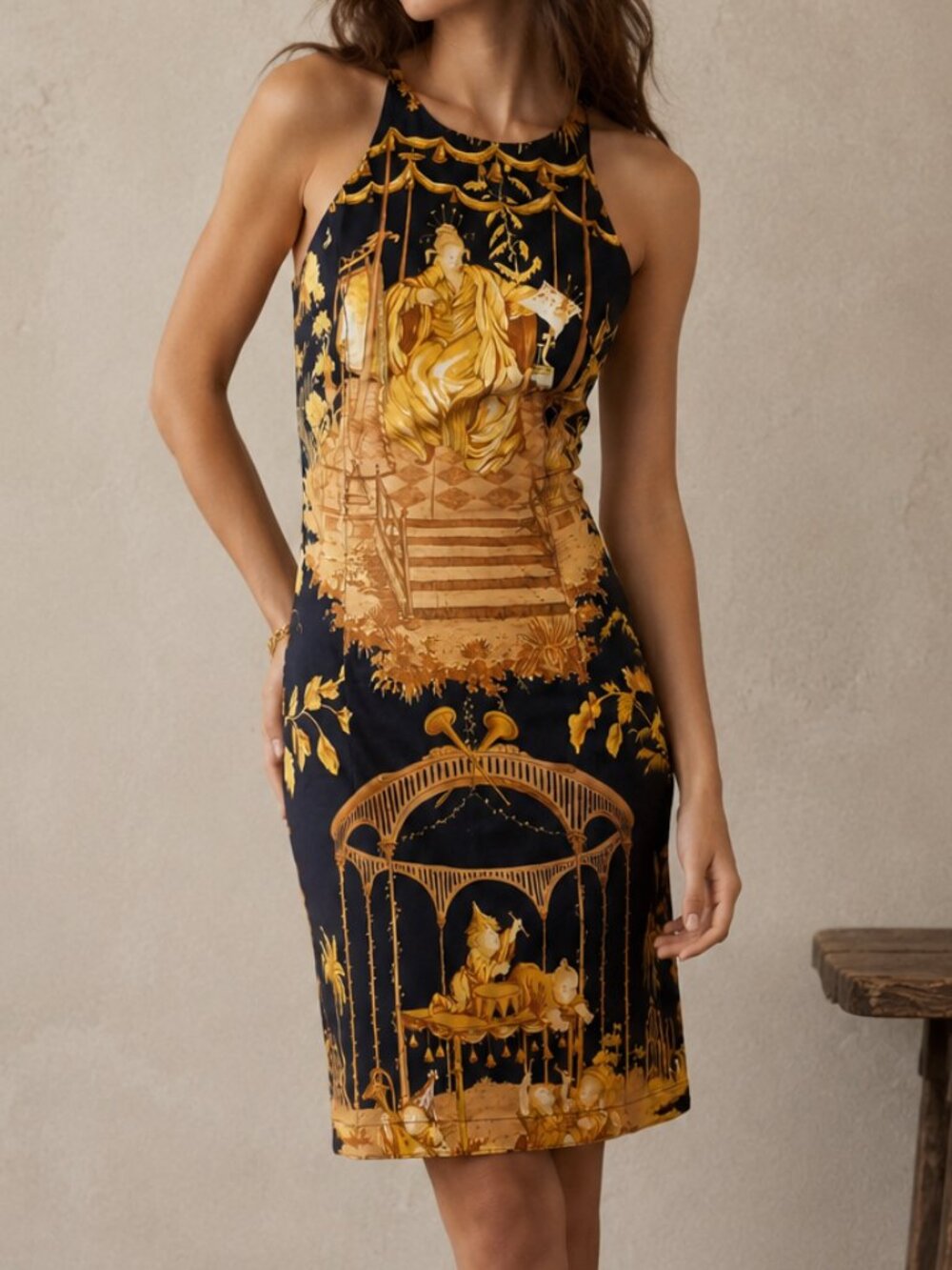 Mark E Toile Graphic Art Print Halter Mini Dress Navy Blue Cotton 2 4 Small XS